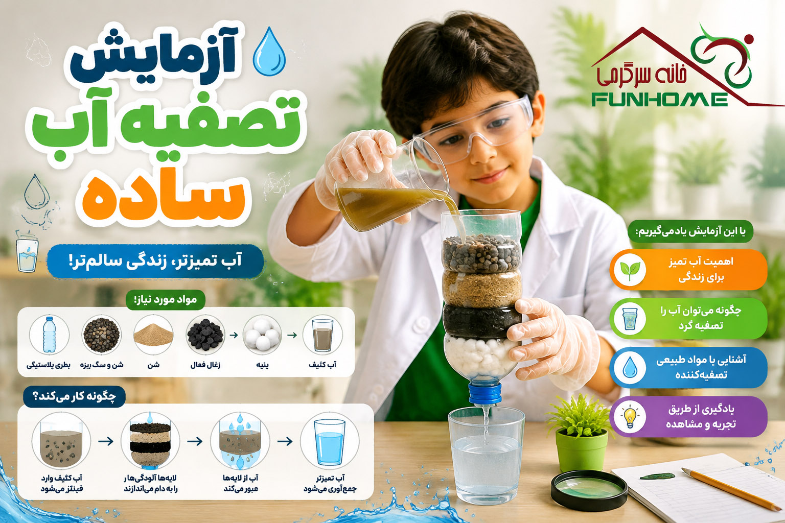 آزمایش تصفیه آب با فیلتر خانگی برای کودکان و دانش آموزان علوم مدرسه